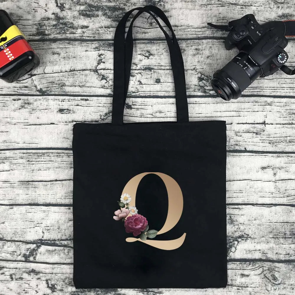 Eco-Friendly Shopping Bag Ladies Shoulder Bag Portable Foldable Black Handbag Reusable Large-Capacity Letter Tote Bag Bolsos