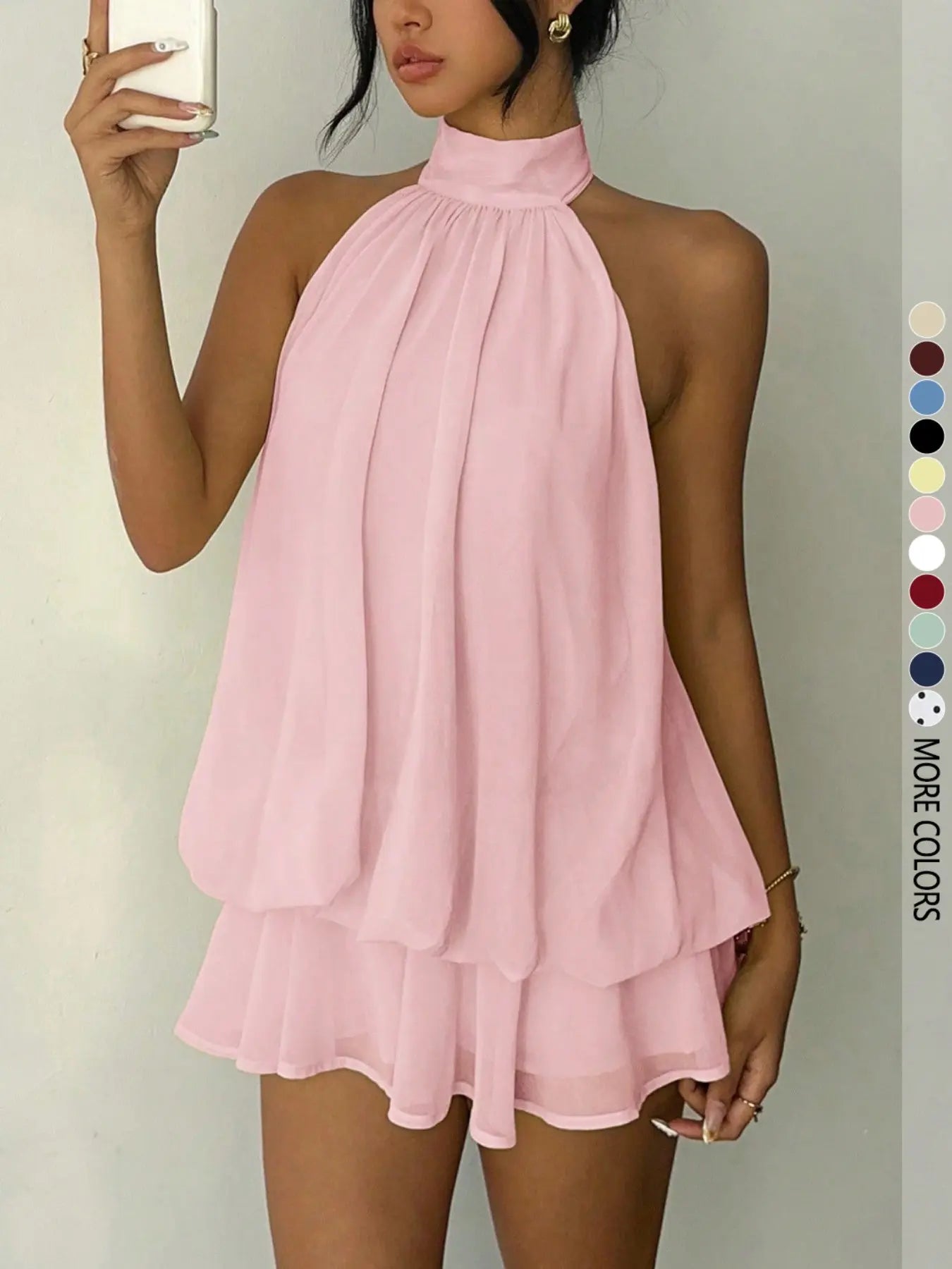 Women'S Simple Solid Backless Halter One-Piece Jumpsuit, Elegant Ruffle Design, Perfect for Casual Wear, All Seasons Fashion
