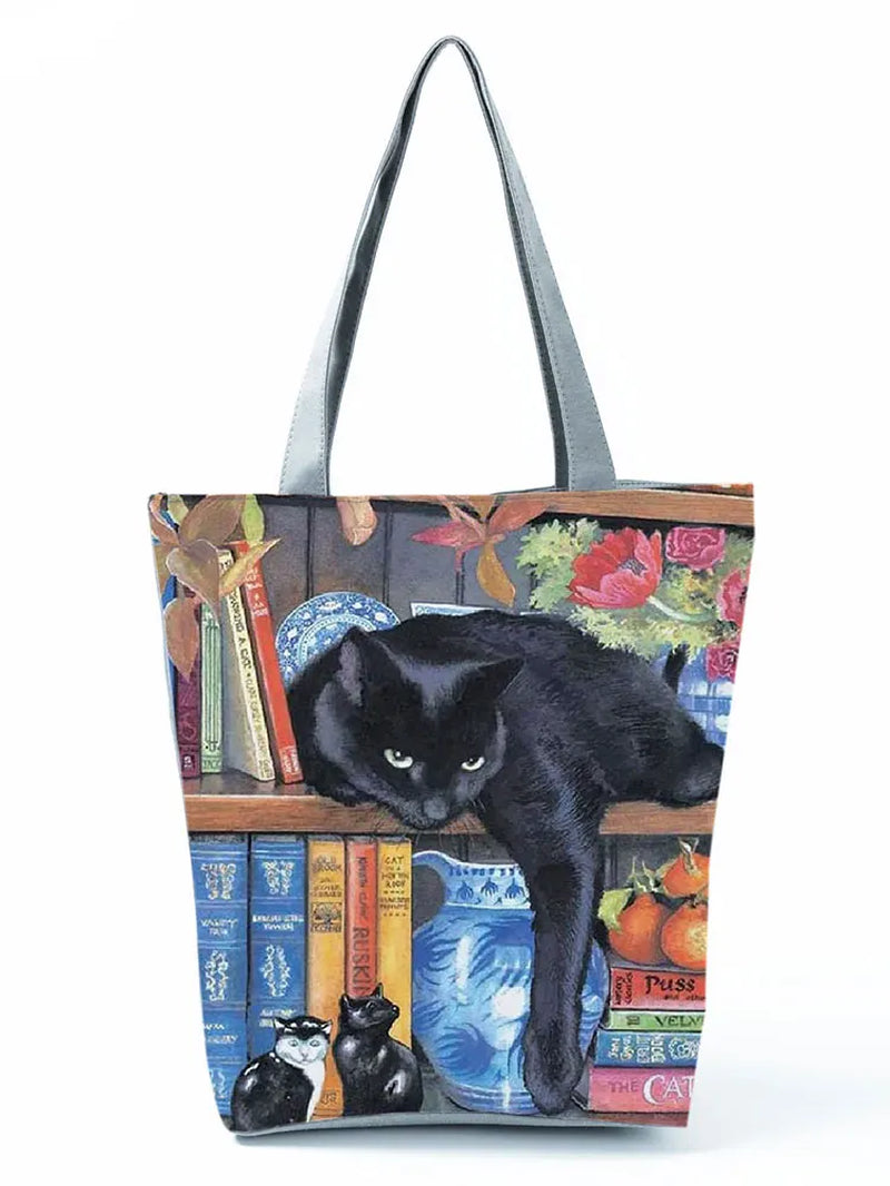 High Capacity Animal Design Bags Women Bag Black Cat Print Shopper Bag Handbag Office Reusable Casual Shoulder Bags Dropshipping