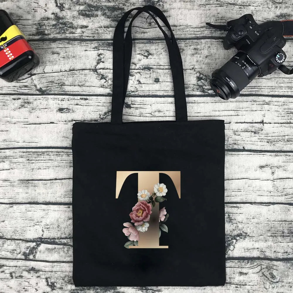 Eco-Friendly Shopping Bag Ladies Shoulder Bag Portable Foldable Black Handbag Reusable Large-Capacity Letter Tote Bag Bolsos
