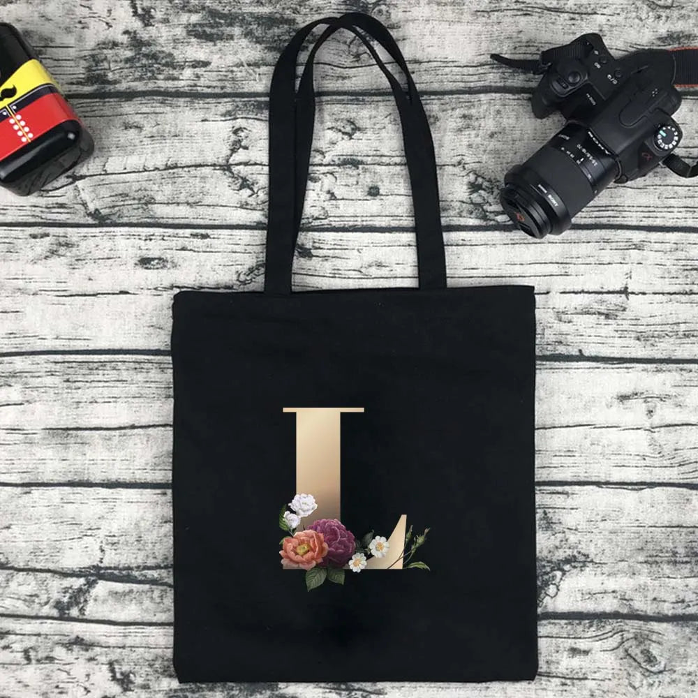 Eco-Friendly Shopping Bag Ladies Shoulder Bag Portable Foldable Black Handbag Reusable Large-Capacity Letter Tote Bag Bolsos