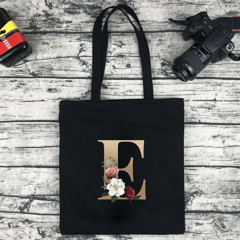 Eco-Friendly Shopping Bag Ladies Shoulder Bag Portable Foldable Black Handbag Reusable Large-Capacity Letter Tote Bag Bolsos