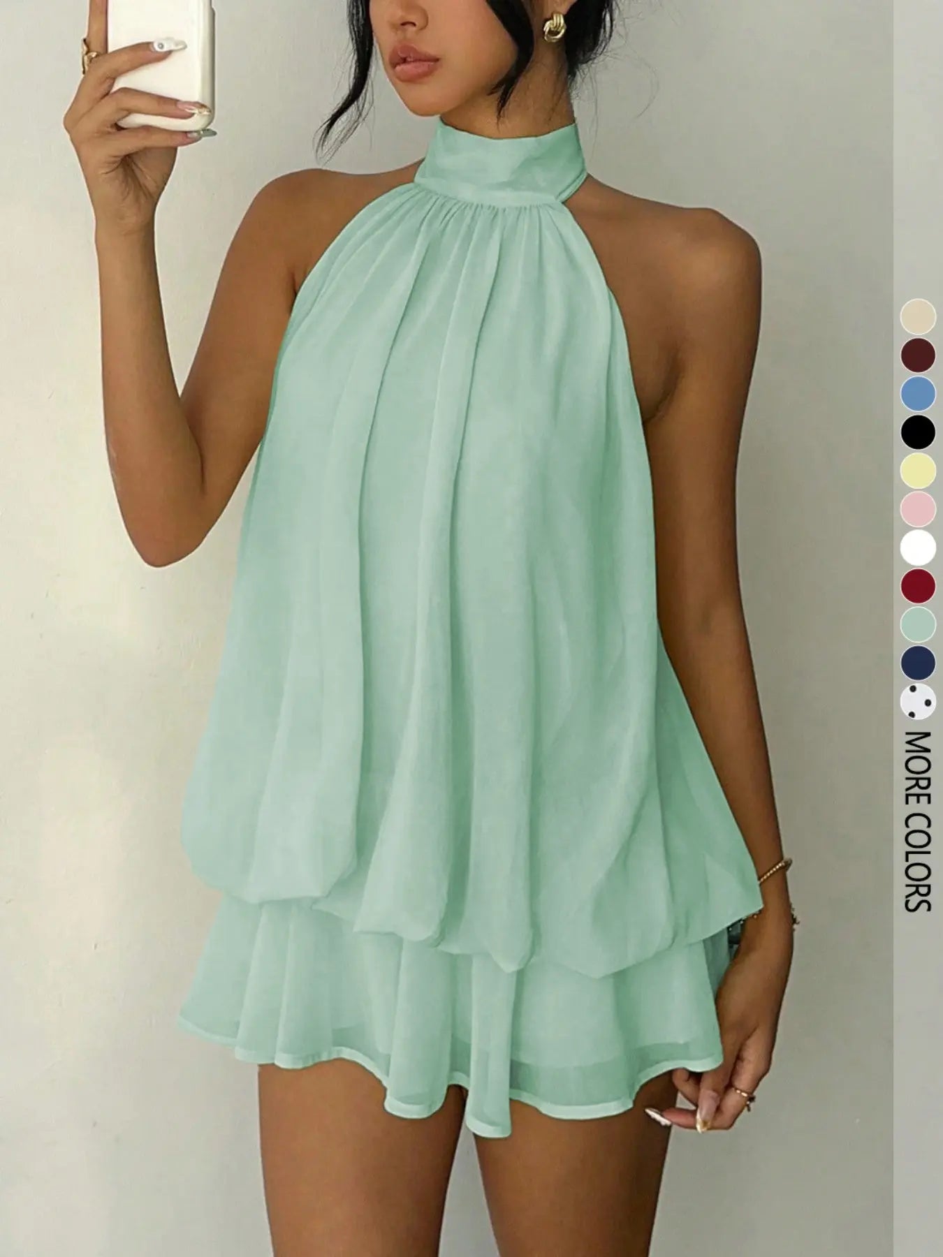 Women'S Simple Solid Backless Halter One-Piece Jumpsuit, Elegant Ruffle Design, Perfect for Casual Wear, All Seasons Fashion