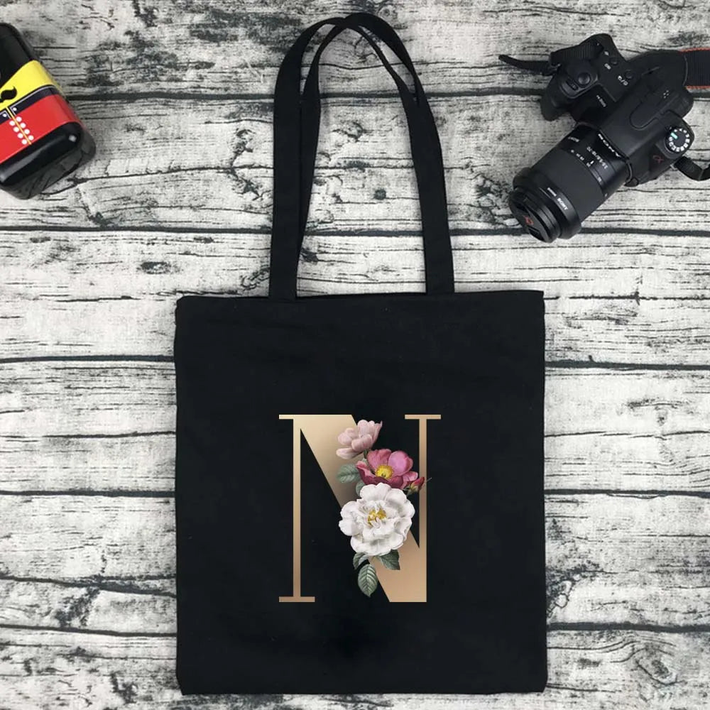 Eco-Friendly Shopping Bag Ladies Shoulder Bag Portable Foldable Black Handbag Reusable Large-Capacity Letter Tote Bag Bolsos