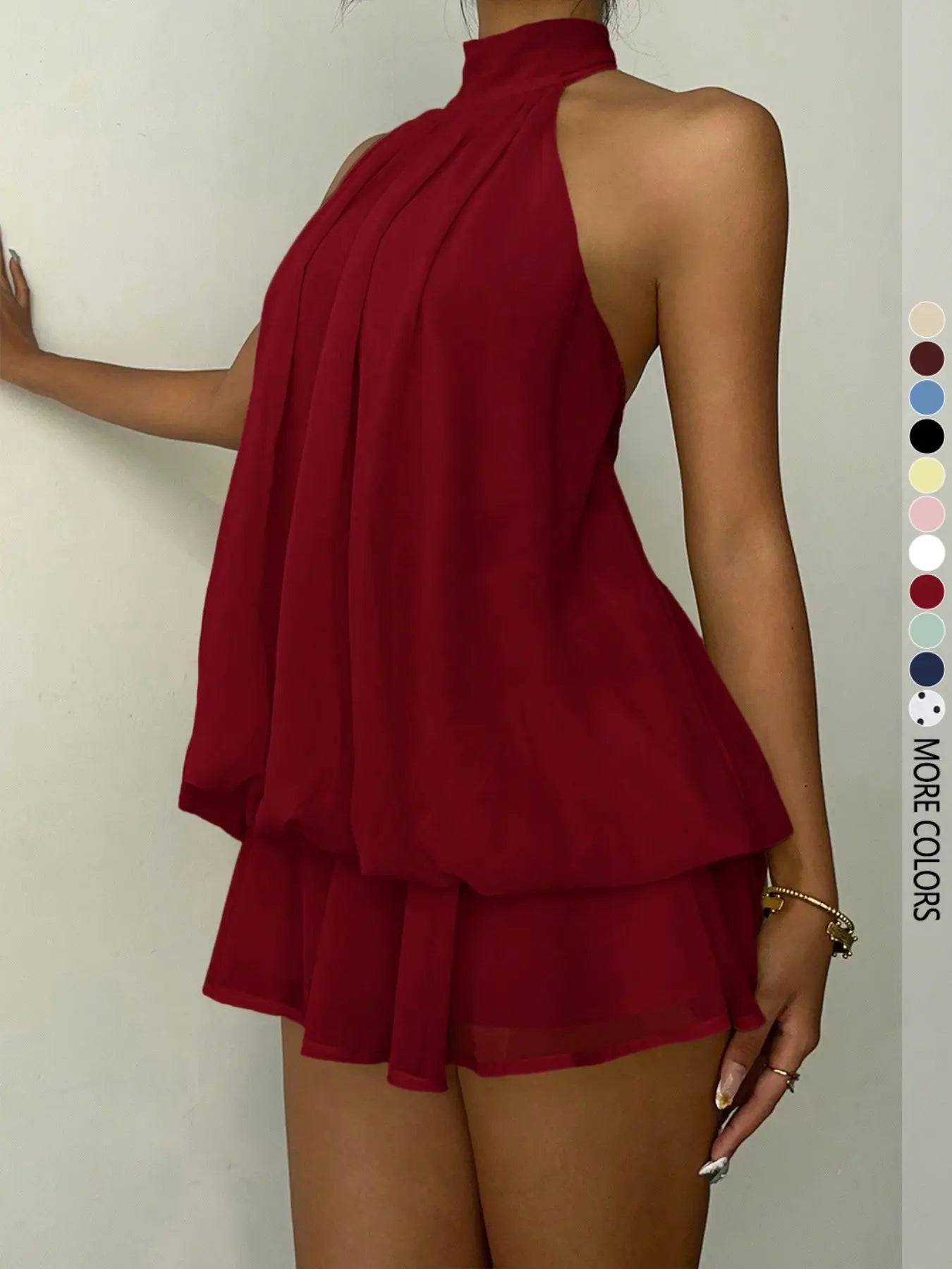 Women'S Simple Solid Backless Halter One-Piece Jumpsuit, Elegant Ruffle Design, Perfect for Casual Wear, All Seasons Fashion
