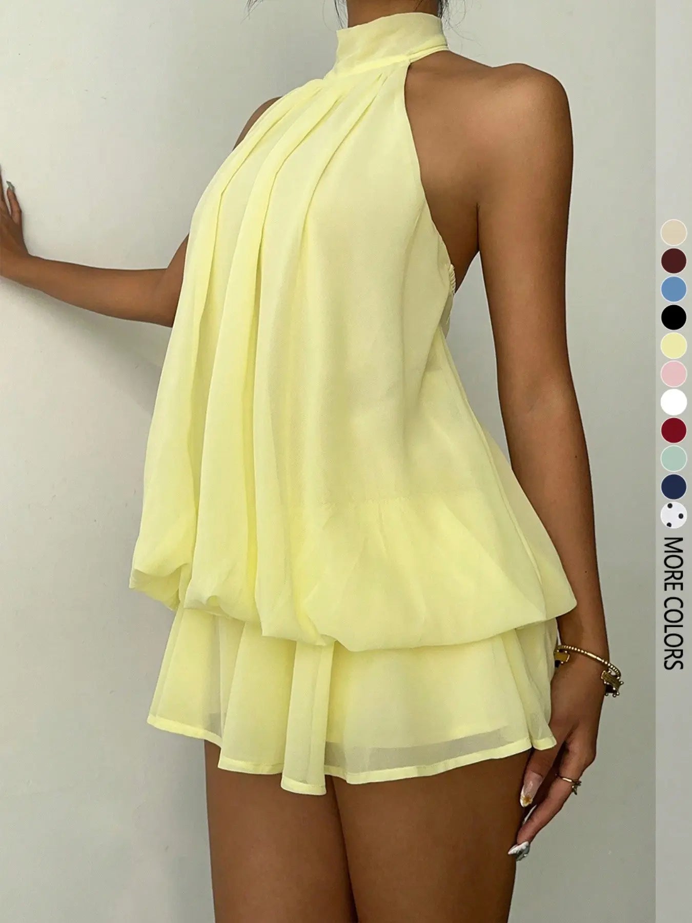 Women'S Simple Solid Backless Halter One-Piece Jumpsuit, Elegant Ruffle Design, Perfect for Casual Wear, All Seasons Fashion