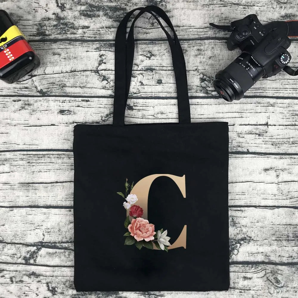 Eco-Friendly Shopping Bag Ladies Shoulder Bag Portable Foldable Black Handbag Reusable Large-Capacity Letter Tote Bag Bolsos