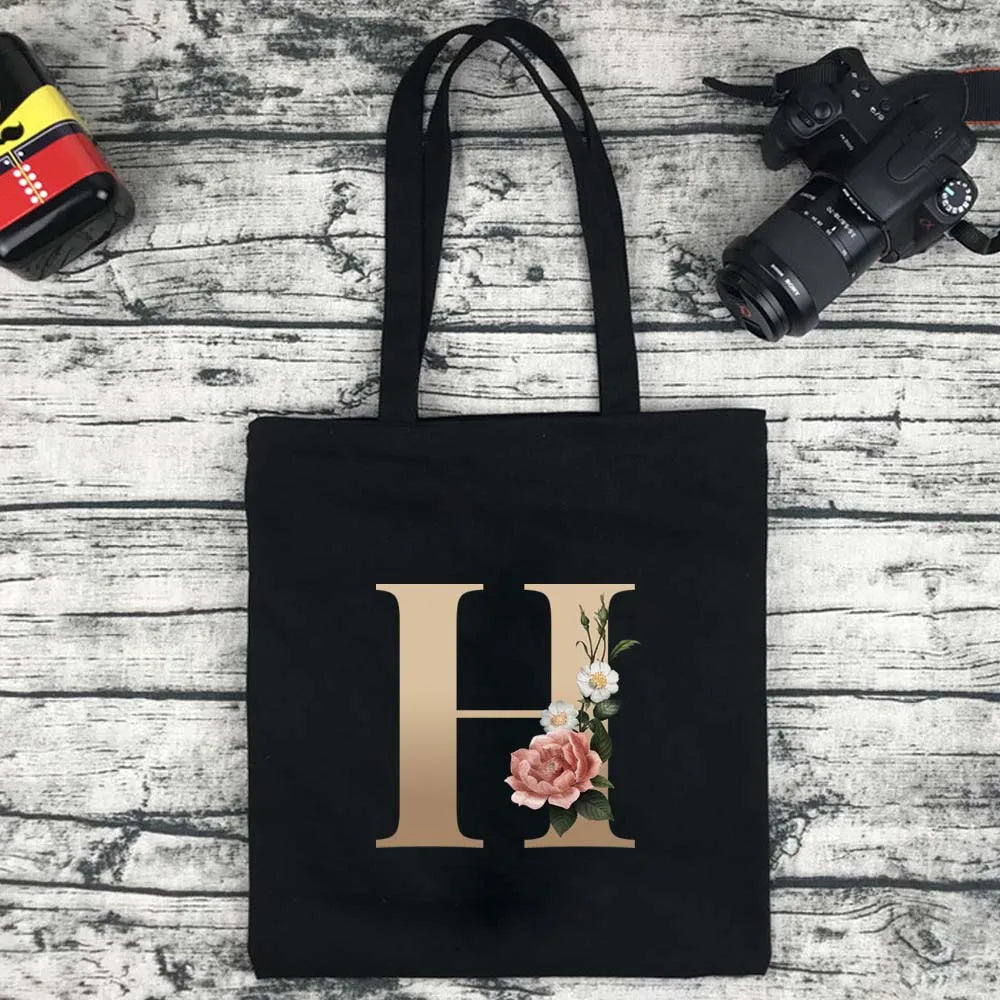 Eco-Friendly Shopping Bag Ladies Shoulder Bag Portable Foldable Black Handbag Reusable Large-Capacity Letter Tote Bag Bolsos