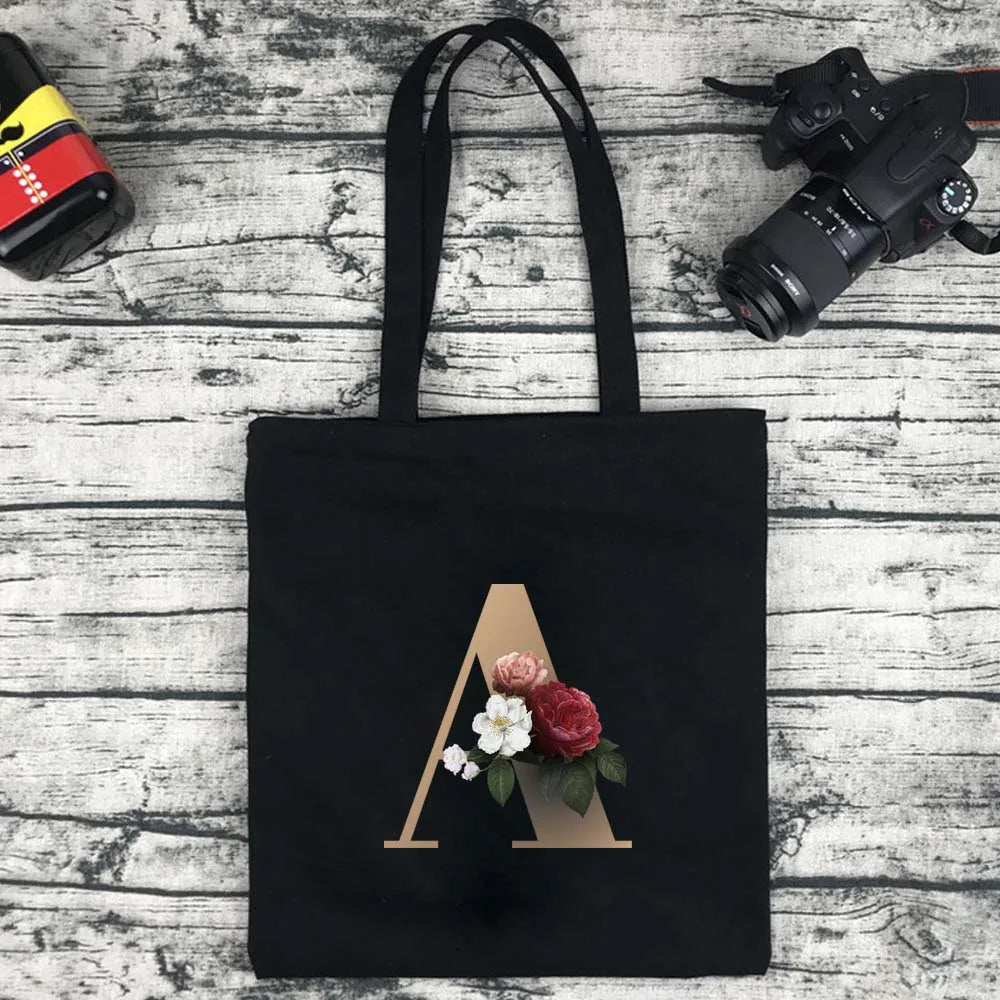 Eco-Friendly Shopping Bag Ladies Shoulder Bag Portable Foldable Black Handbag Reusable Large-Capacity Letter Tote Bag Bolsos