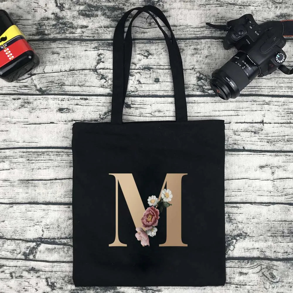 Eco-Friendly Shopping Bag Ladies Shoulder Bag Portable Foldable Black Handbag Reusable Large-Capacity Letter Tote Bag Bolsos