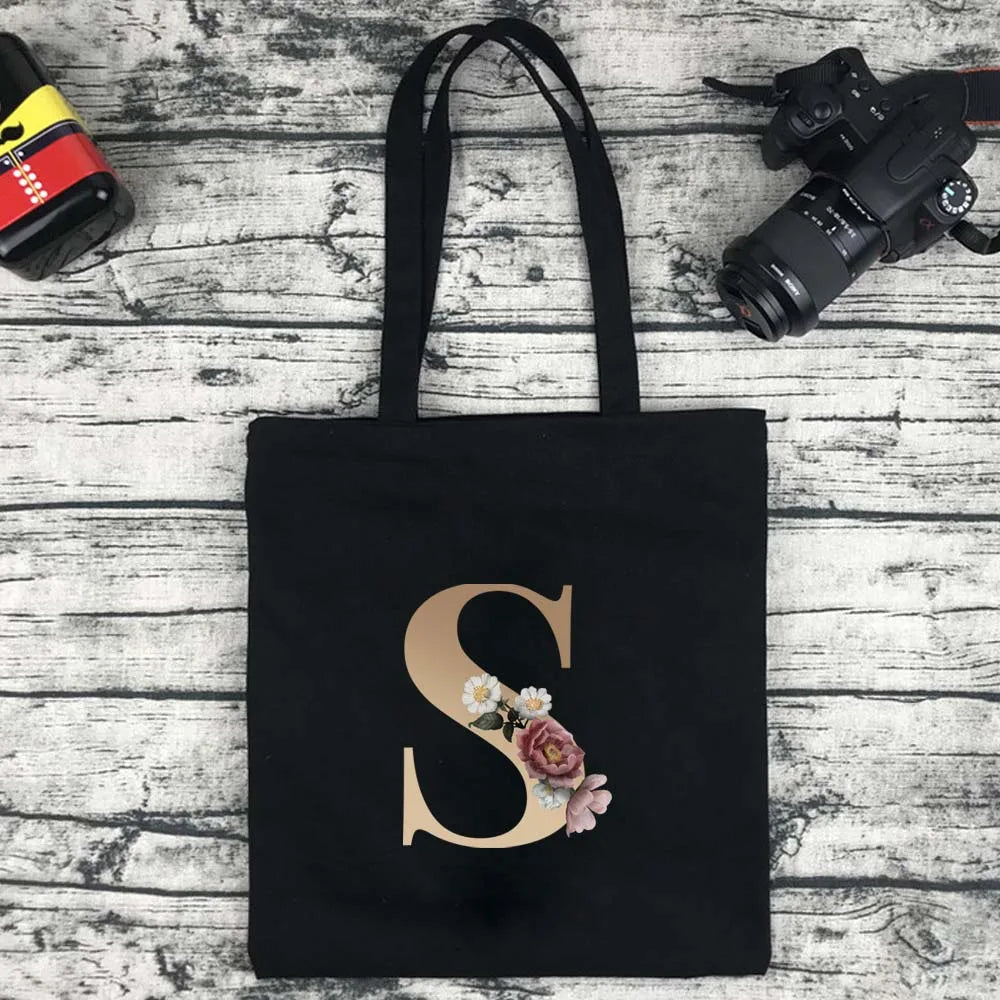 Eco-Friendly Shopping Bag Ladies Shoulder Bag Portable Foldable Black Handbag Reusable Large-Capacity Letter Tote Bag Bolsos