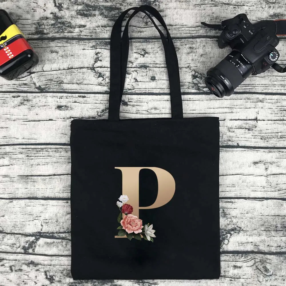 Eco-Friendly Shopping Bag Ladies Shoulder Bag Portable Foldable Black Handbag Reusable Large-Capacity Letter Tote Bag Bolsos