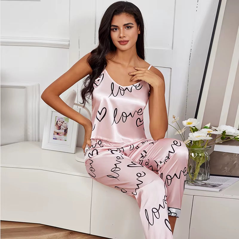 Women Pajamas Sets Letter Print Cami Vest Shirt with Pants Pajamas Sleepwear Ladie Sexy Pajama Lingerie Pyjamas Nightwear