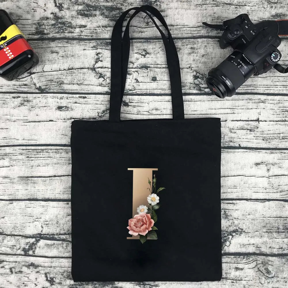 Eco-Friendly Shopping Bag Ladies Shoulder Bag Portable Foldable Black Handbag Reusable Large-Capacity Letter Tote Bag Bolsos