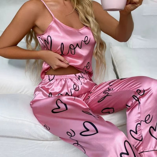 Women Pajamas Sets Letter Print Cami Vest Shirt with Pants Pajamas Sleepwear Ladie Sexy Pajama Lingerie Pyjamas Nightwear
