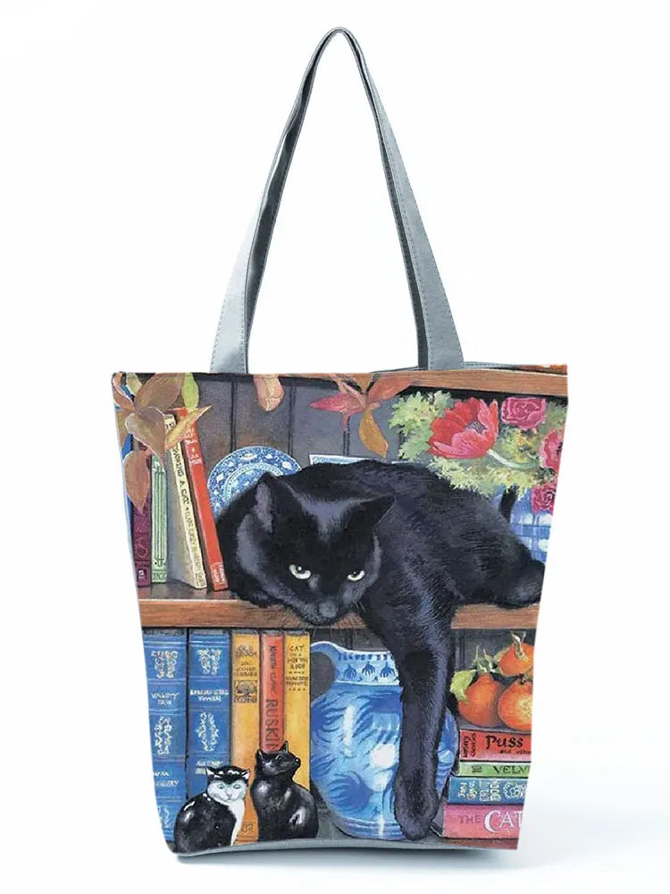 High Capacity Animal Design Bags Women Bag Black Cat Print Shopper Bag Handbag Office Reusable Casual Shoulder Bags Dropshipping