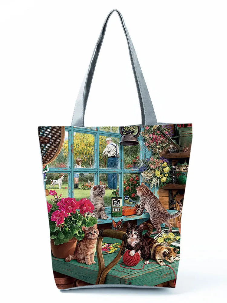 High Capacity Animal Design Bags Women Bag Black Cat Print Shopper Bag Handbag Office Reusable Casual Shoulder Bags Dropshipping