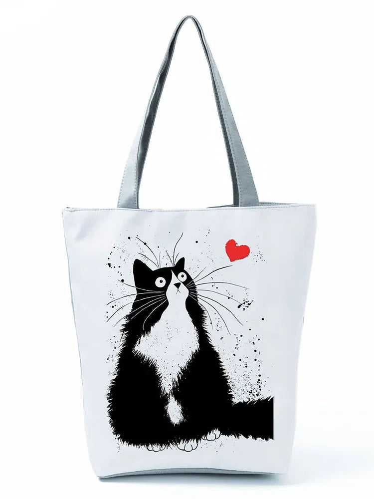 High Capacity Animal Design Bags Women Bag Black Cat Print Shopper Bag Handbag Office Reusable Casual Shoulder Bags Dropshipping