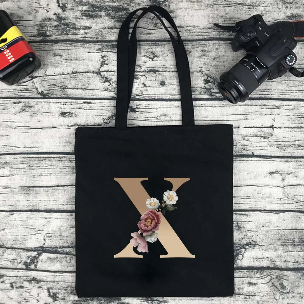 Eco-Friendly Shopping Bag Ladies Shoulder Bag Portable Foldable Black Handbag Reusable Large-Capacity Letter Tote Bag Bolsos