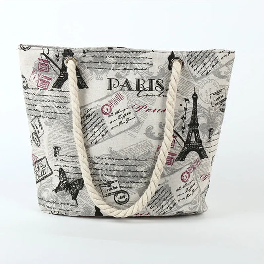 New Ladies Canvas Handbag Large Capacity Paris Tower Printed Travel Shopping Bag Female Shoulder Crossbody Bag Beach Tote Bags