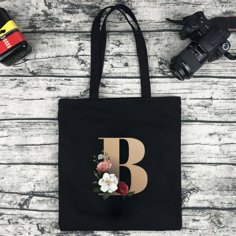 Eco-Friendly Shopping Bag Ladies Shoulder Bag Portable Foldable Black Handbag Reusable Large-Capacity Letter Tote Bag Bolsos