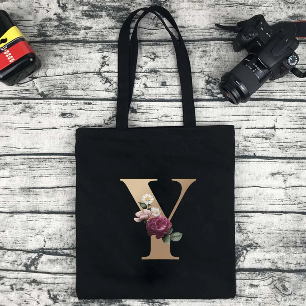 Eco-Friendly Shopping Bag Ladies Shoulder Bag Portable Foldable Black Handbag Reusable Large-Capacity Letter Tote Bag Bolsos