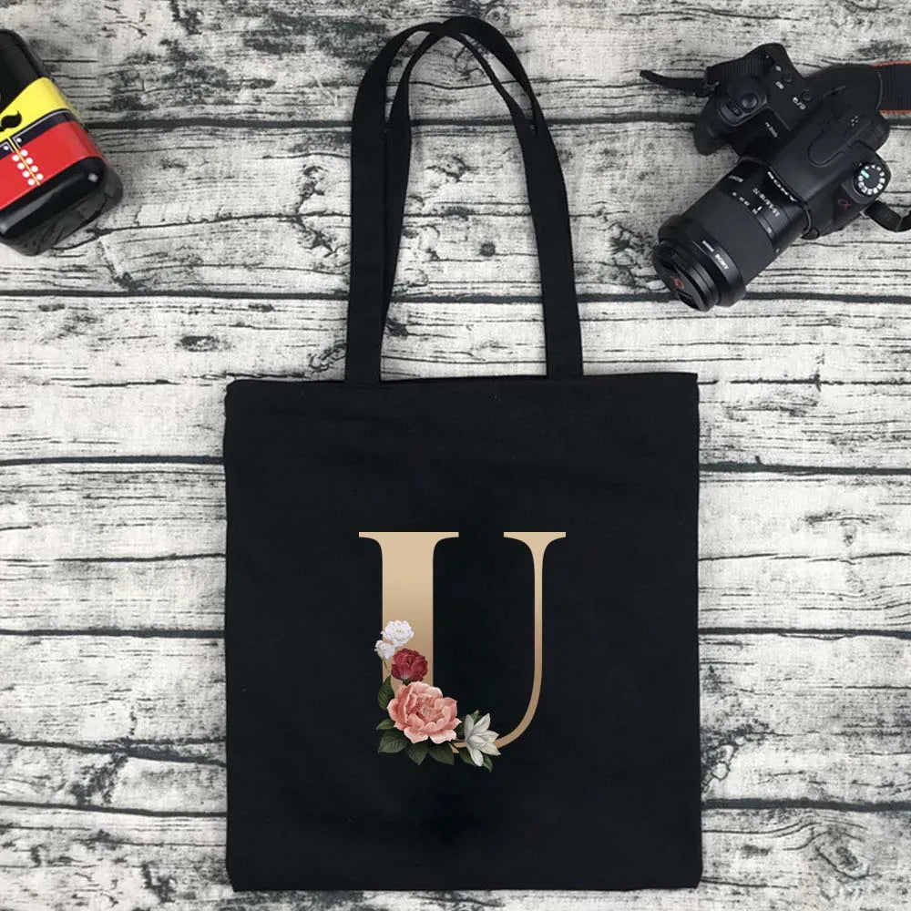 Eco-Friendly Shopping Bag Ladies Shoulder Bag Portable Foldable Black Handbag Reusable Large-Capacity Letter Tote Bag Bolsos
