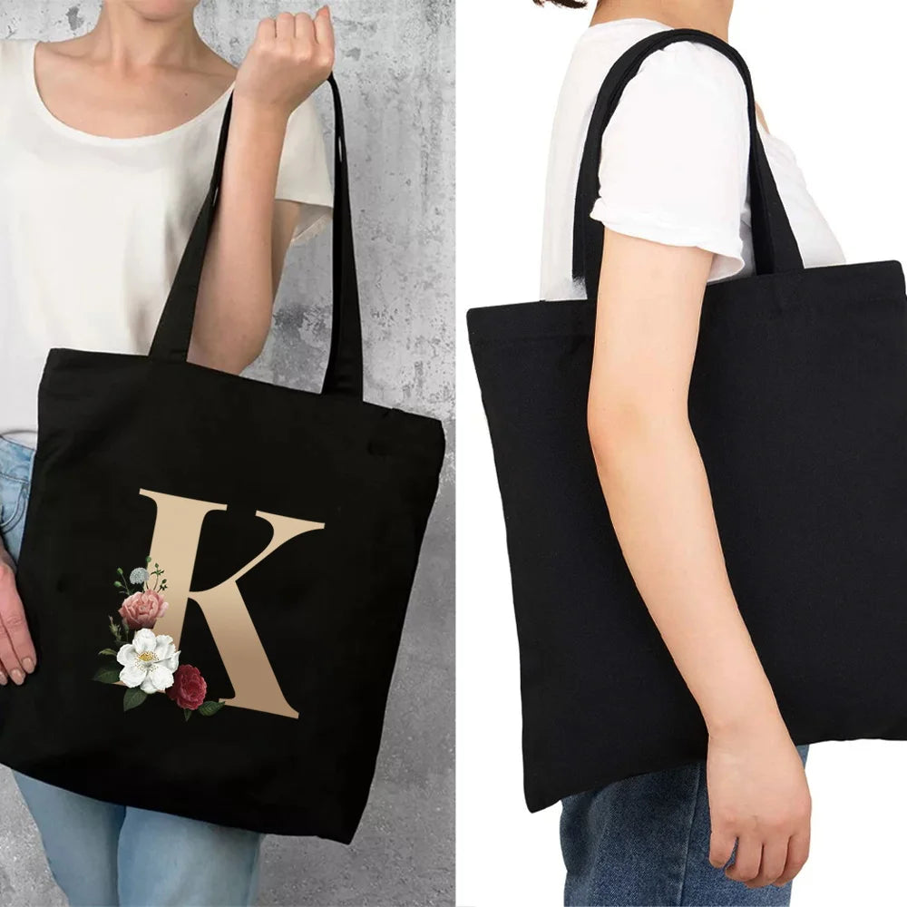 Eco-Friendly Shopping Bag Ladies Shoulder Bag Portable Foldable Black Handbag Reusable Large-Capacity Letter Tote Bag Bolsos