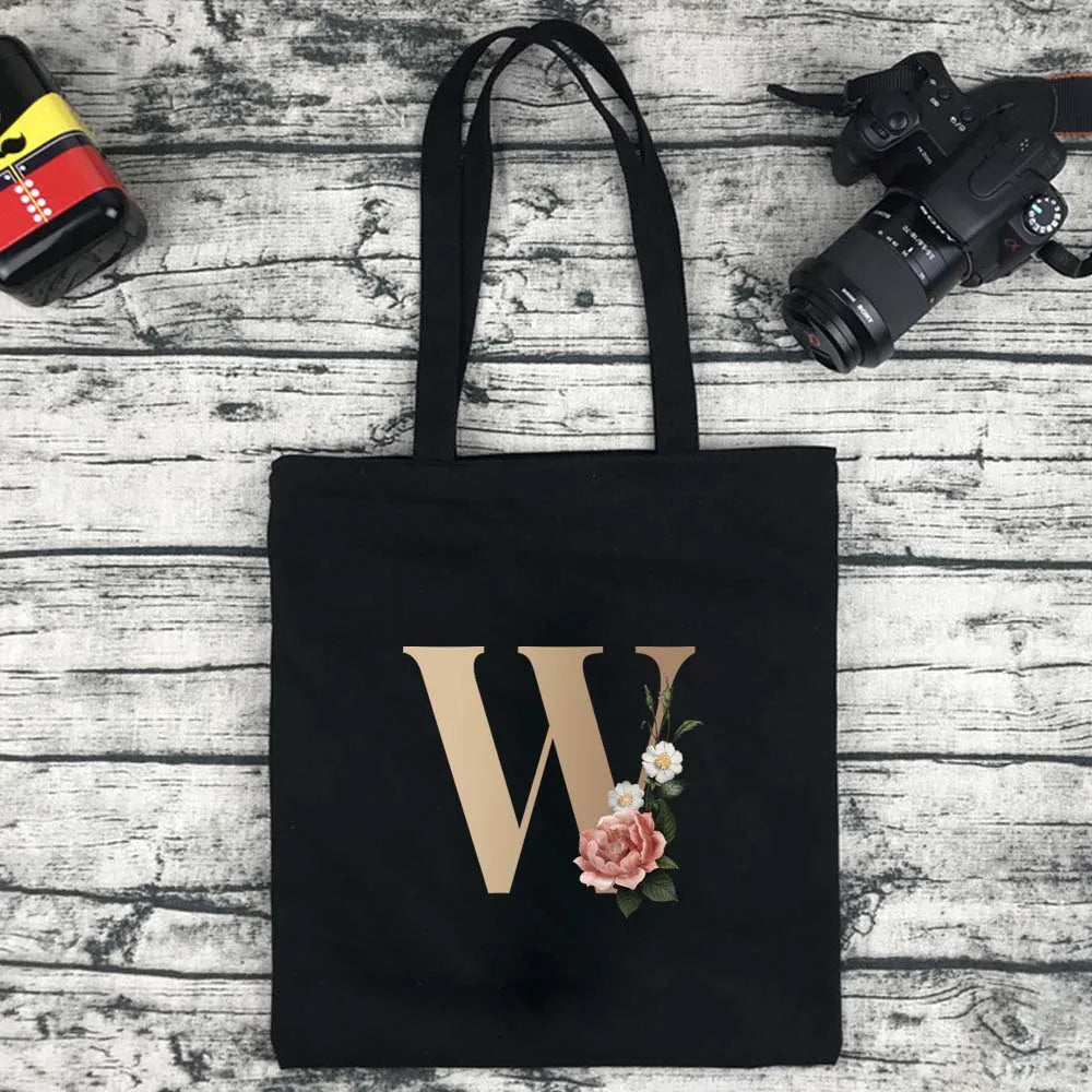 Eco-Friendly Shopping Bag Ladies Shoulder Bag Portable Foldable Black Handbag Reusable Large-Capacity Letter Tote Bag Bolsos